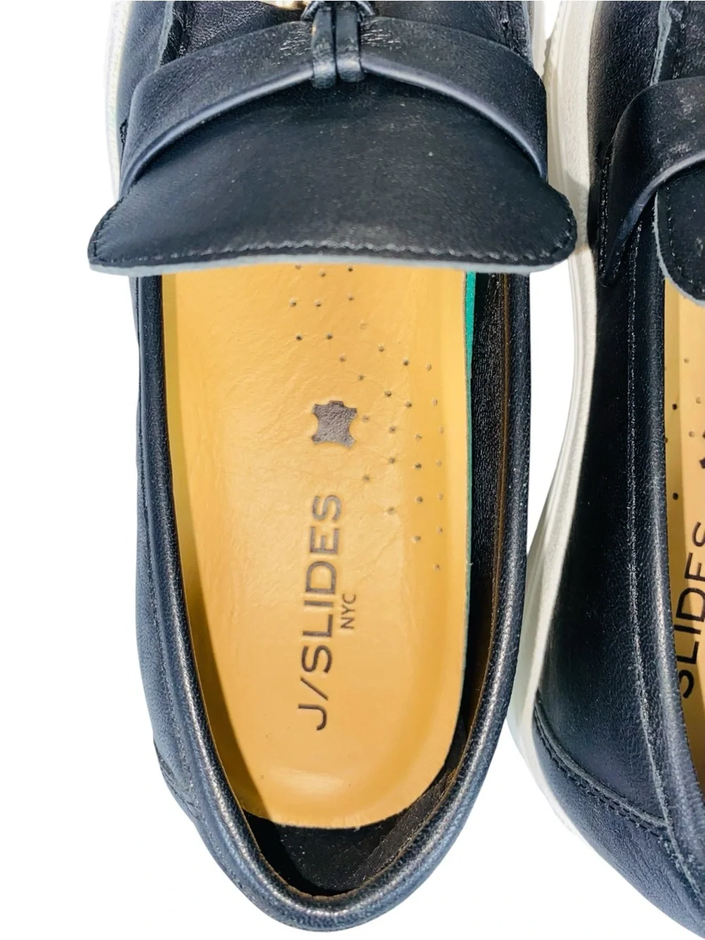 J/SLIDES Black Leather Platform Slip On Loafers Gold Tone Charms Size 8.5